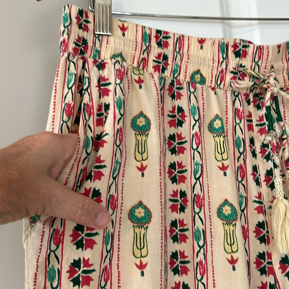 Haute Hippie Boho Tribal Print Soft Cotton Pants w Beaded Tassel Ties & Pockets - Picture 6 of 12